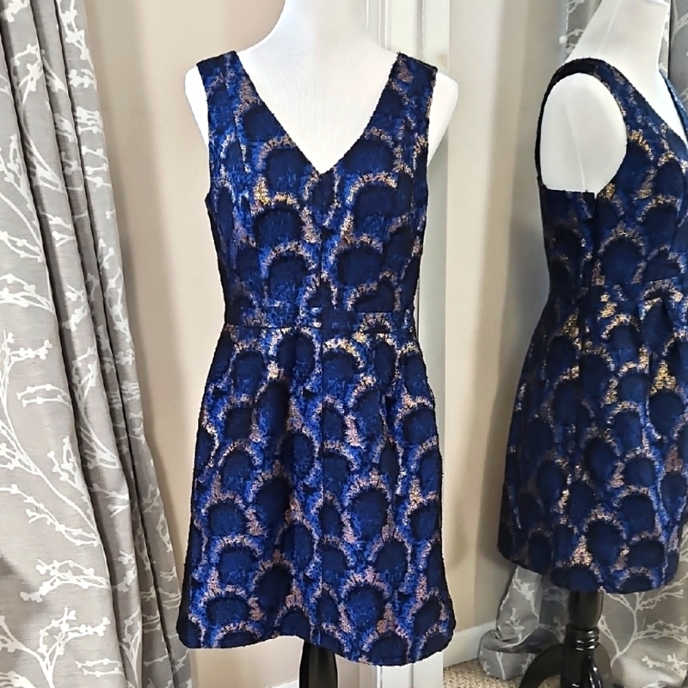 J. Crew Factory Blue Peacock Jacquard Sleeveless Fit and Flare Party Dress
